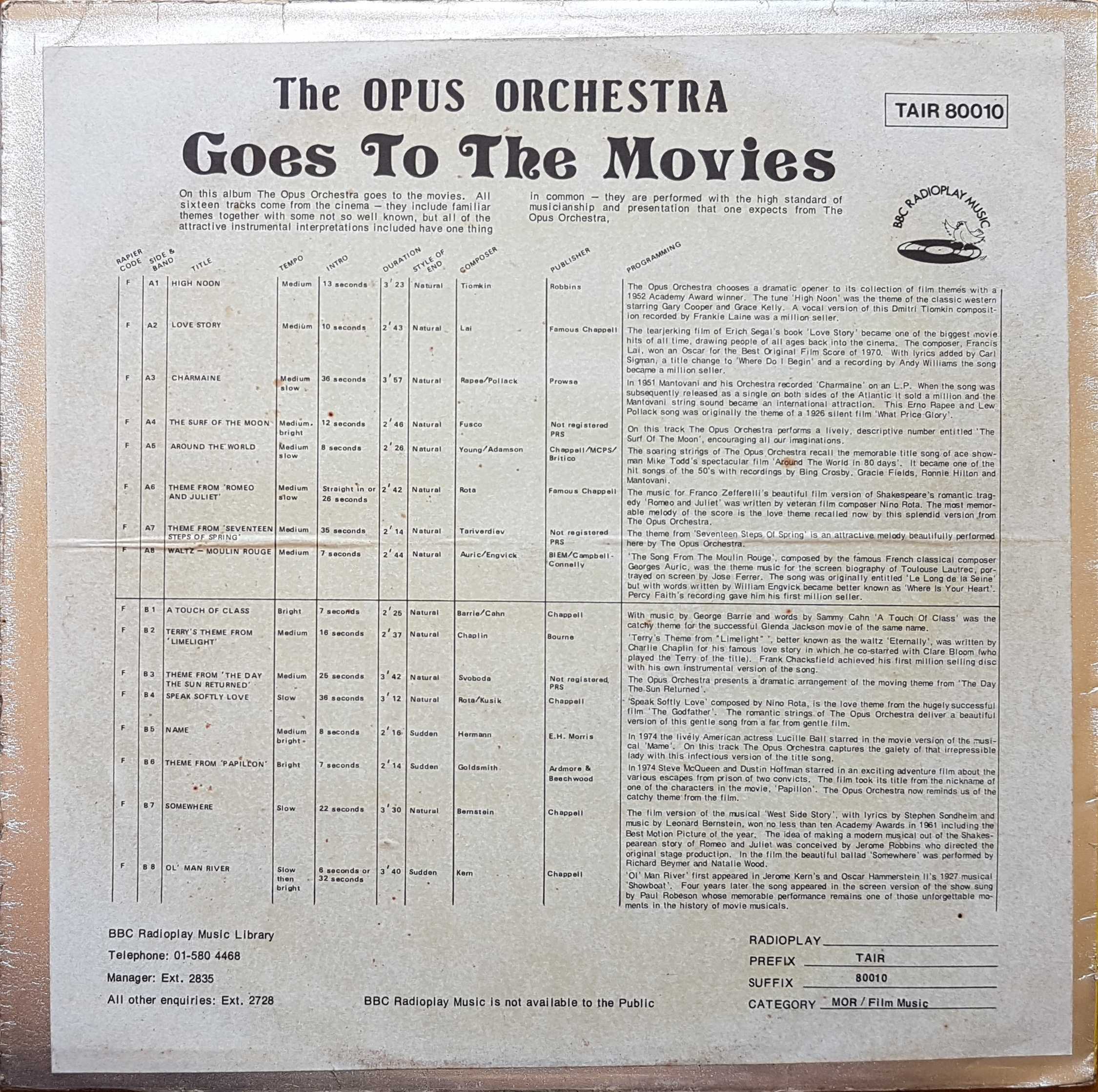 Picture of TAIR 80010 The Opus Orchestra goes to the movies by artist The Opus Orchestra  from the BBC records and Tapes library